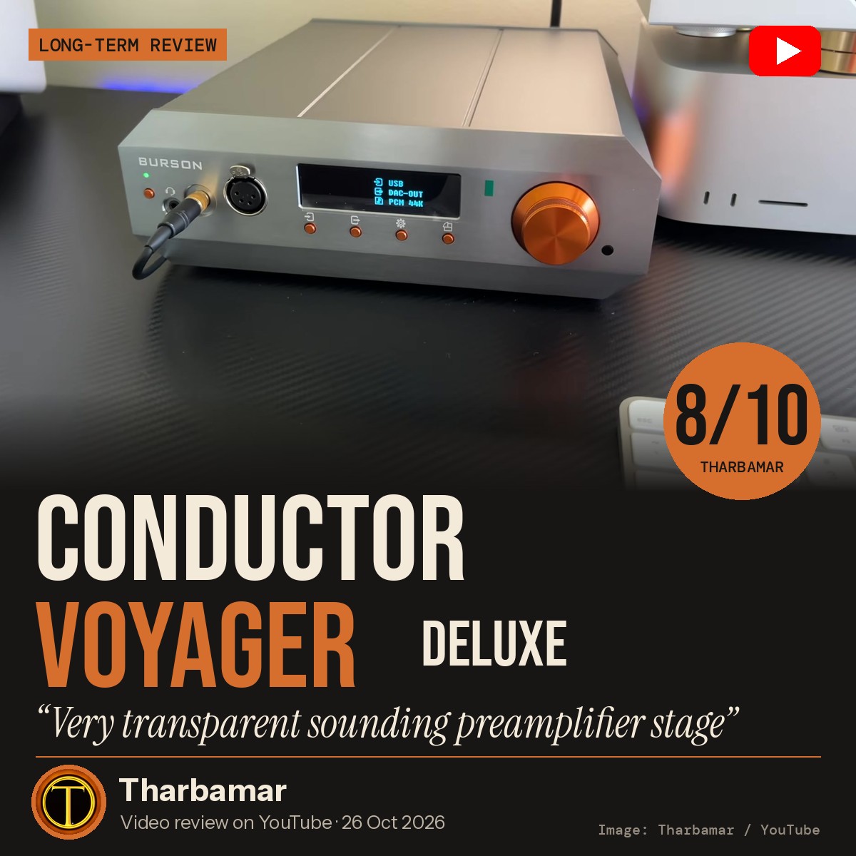 Burson Conductor Voyager Deluxe magazine-style cover for the Tharbamar video review, rated 8/10