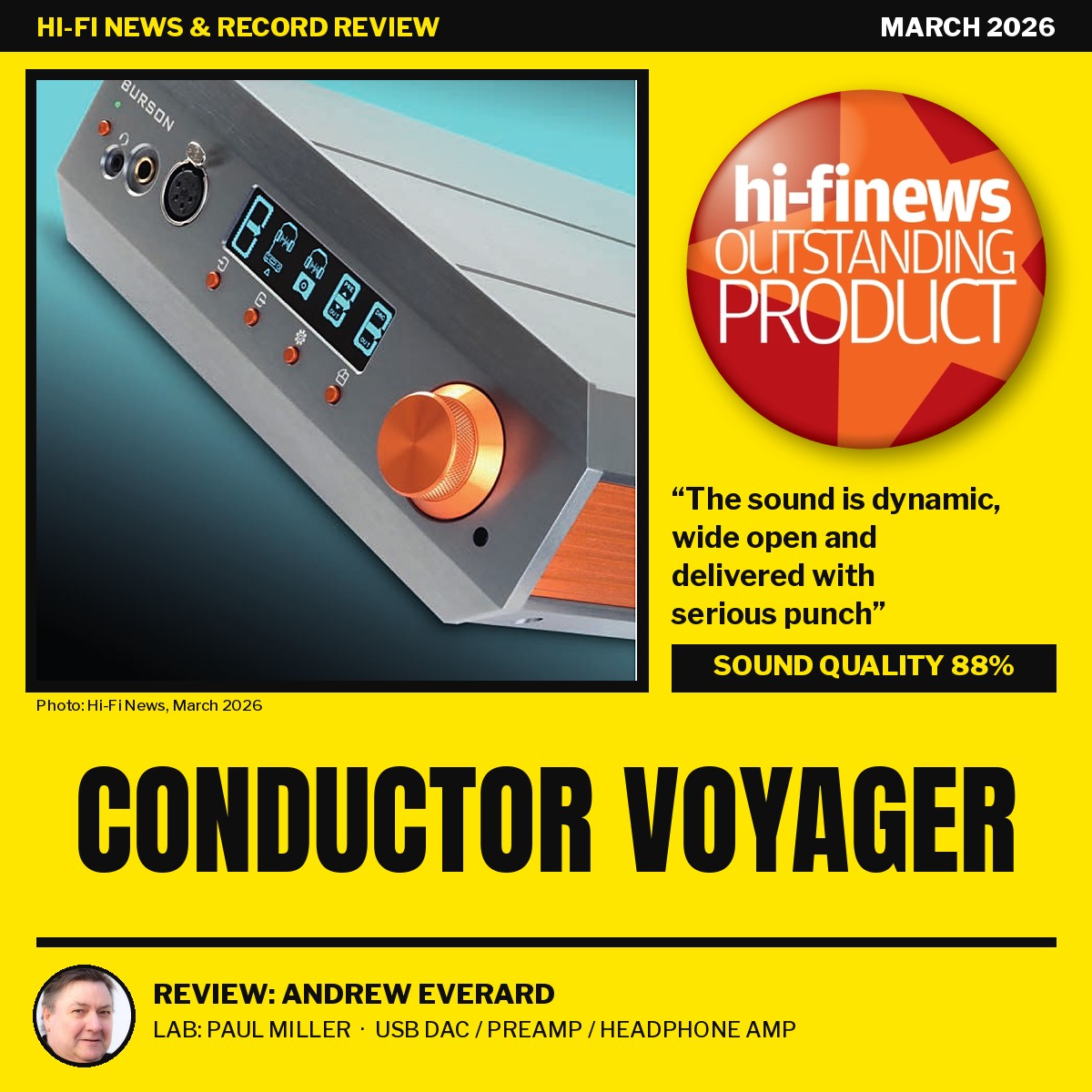 Burson Conductor Voyager magazine-style cover for the Hi-Fi News March 2026 review with the Outstanding Product award