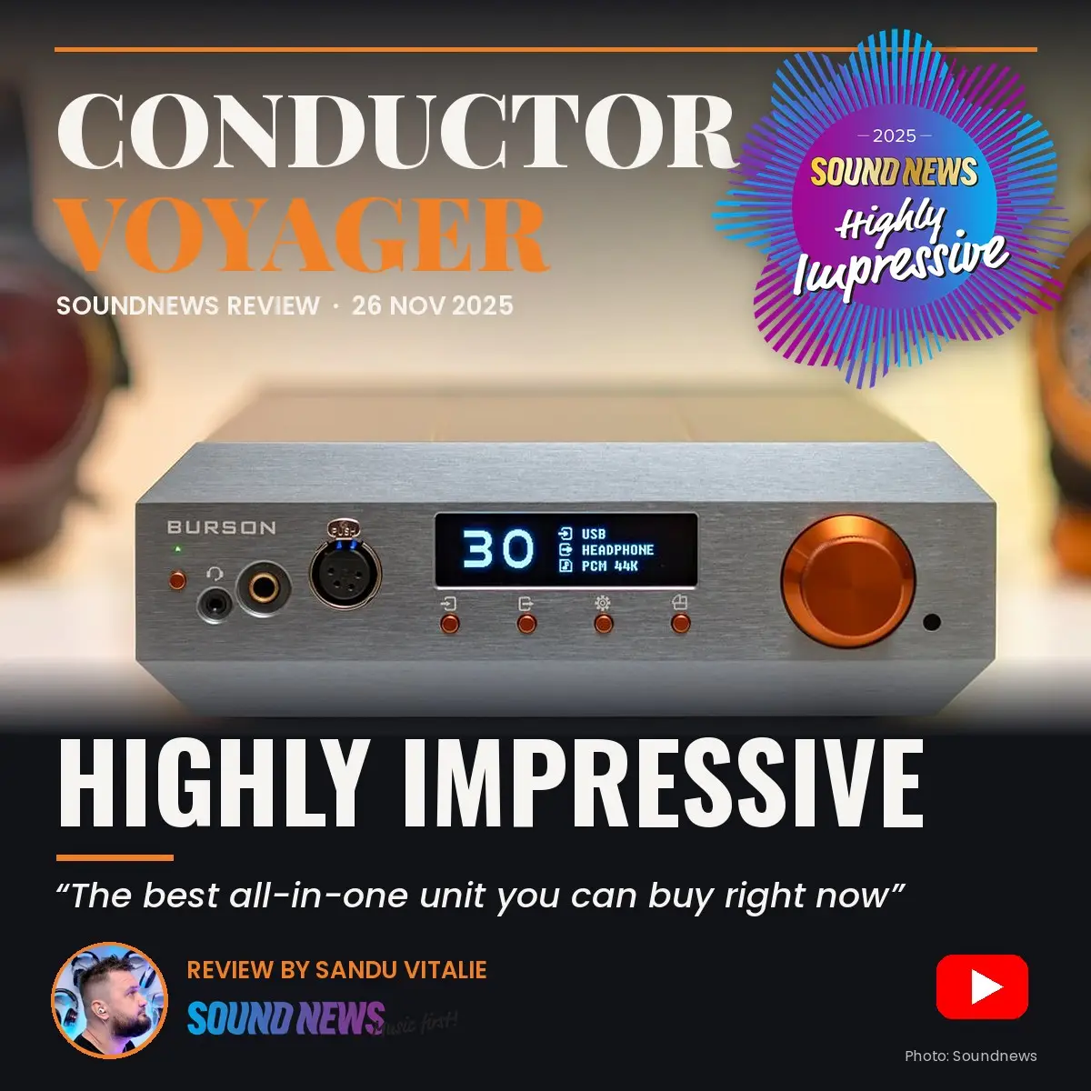 Burson Conductor Voyager DAC and headphone amplifier magazine-style cover for the Soundnews review with the Highly Impressive Award