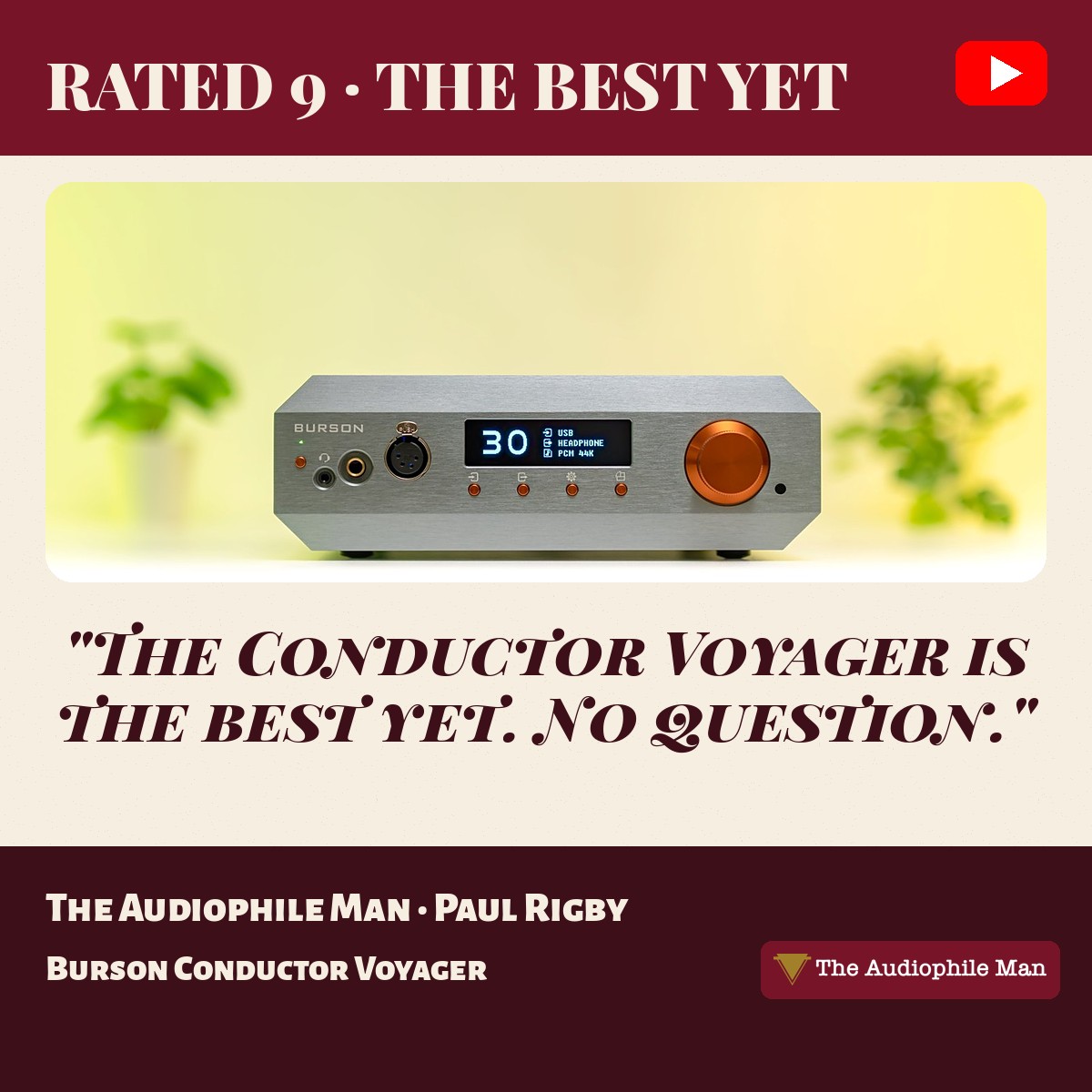 Burson Conductor Voyager magazine-style cover for The Audiophile Man video review by Paul Rigby, rated 9 out of 10