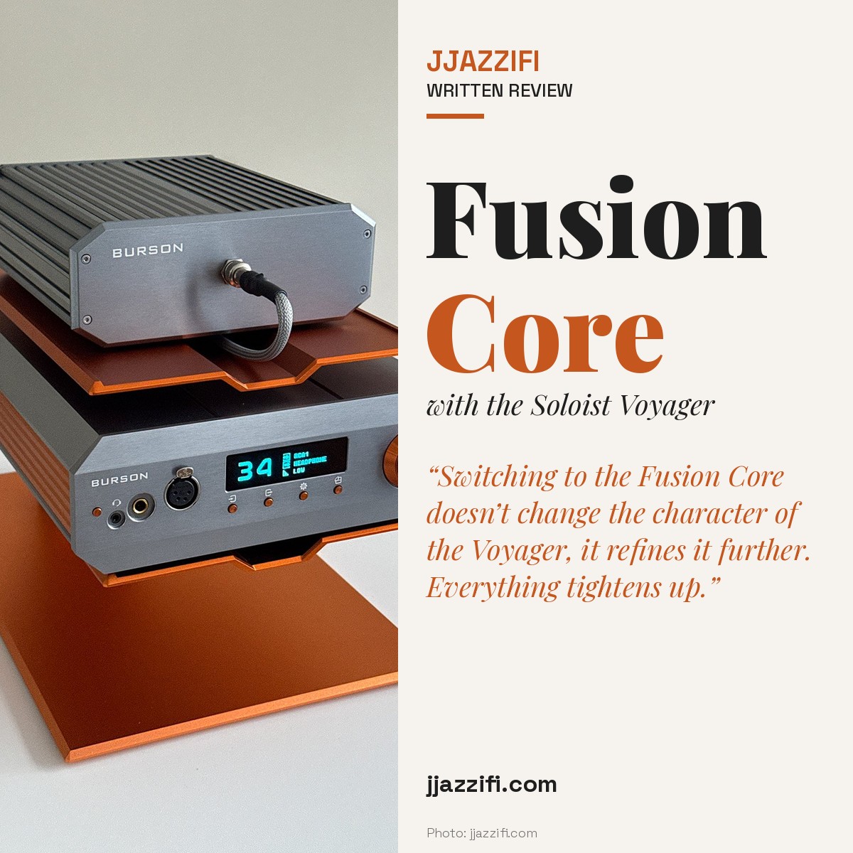 Burson Fusion Core magazine-style cover for the jjazzifi written review, with the Fusion Core on top of the Soloist Voyager