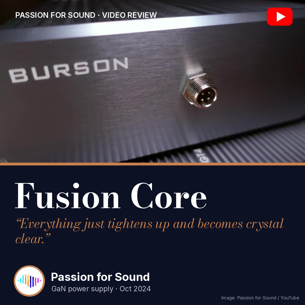 Burson Fusion Core magazine-style cover for the Passion for Sound video review: everything becomes crystal clear