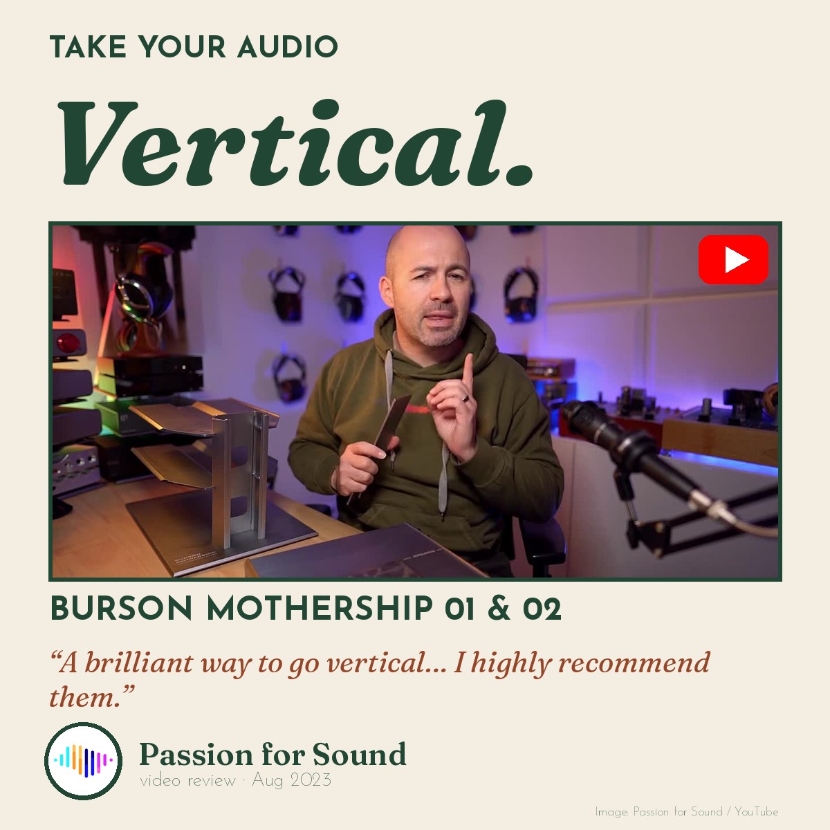 Burson Mothership magazine-style cover for the Passion for Sound video review: take your audio vertical