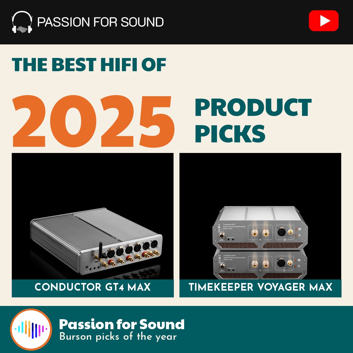 Magazine-style cover for Passion for Sound best hifi products of 2025 featuring the Burson Conductor GT4 MAX and Timekeeper Voyager MAX