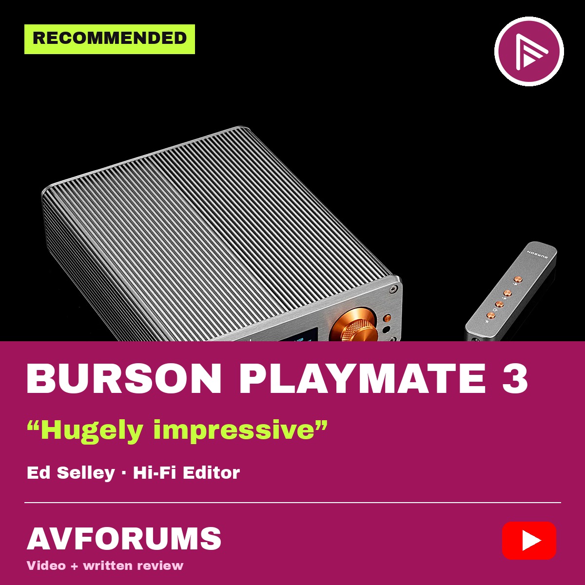 Burson Playmate 3 AVForums review cover with Recommended badge text