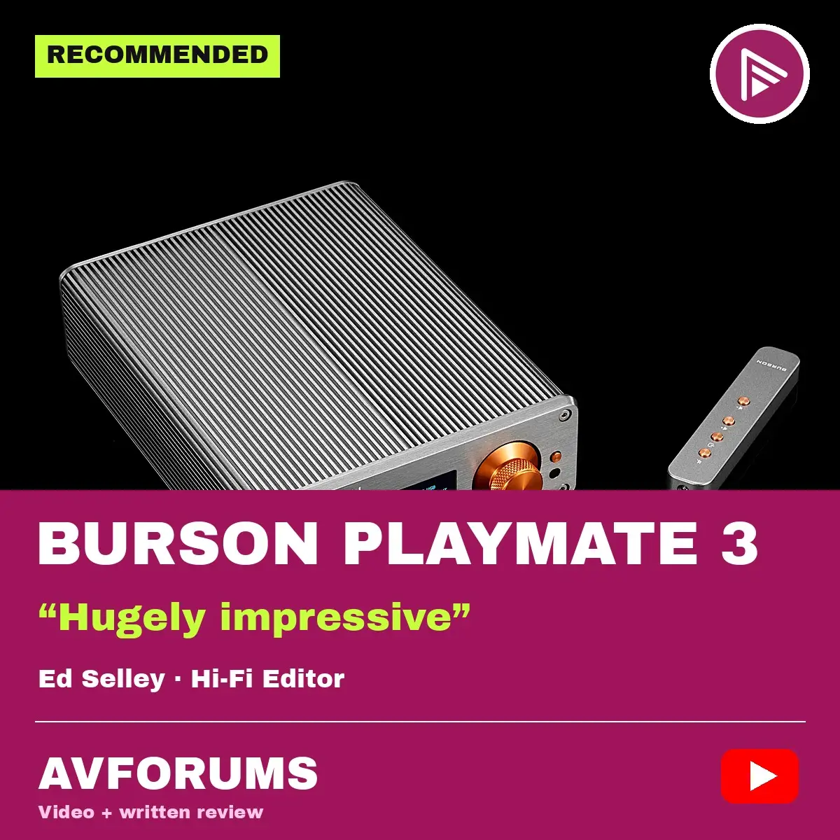 Burson Playmate 3 AVForums review cover with Recommended badge text
