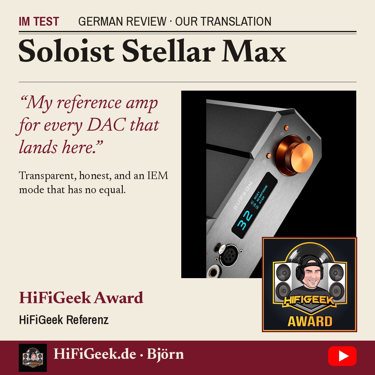 Burson Soloist Stellar Max magazine-style cover for the HiFiGeek German review with the HiFiGeek Award