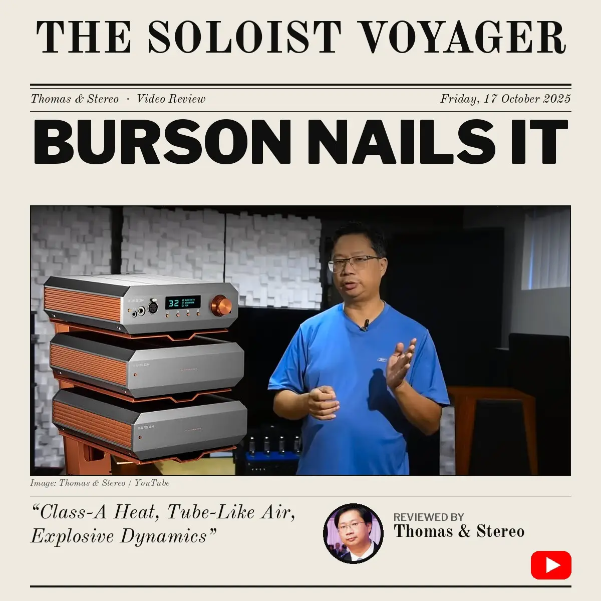 Burson Soloist Voyager Thomas & Stereo video review magazine cover