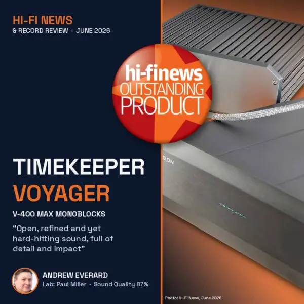 Burson Timekeeper Voyager magazine-style cover for the Hi-Fi News June 2026 review with the Outstanding Product award