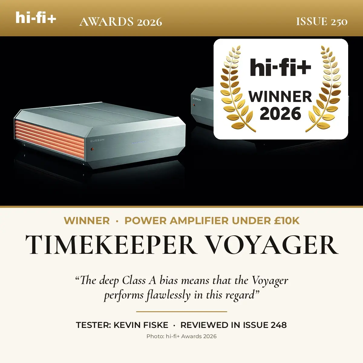 Burson Timekeeper Voyager magazine-style cover for the hi-fi+ Awards 2026 Power Amplifier Under £10K winner