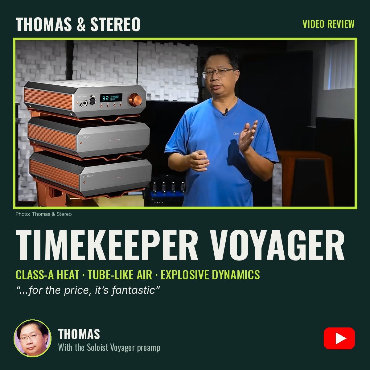 Burson Timekeeper Voyager magazine-style cover for the Thomas & Stereo video review with the Soloist Voyager