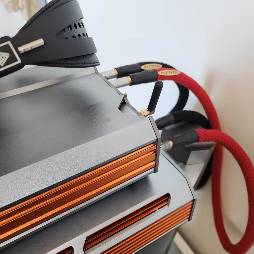 INERTA anti-vibration RCA cables with red braided sleeves connected to a Burson stack