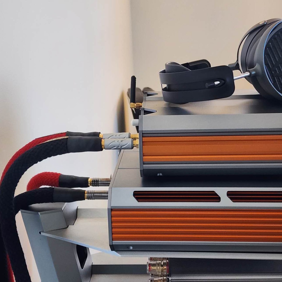 Side view of INERTA interconnects linking a Burson DAC and headphone amplifier